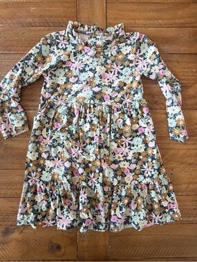 Magnetic Me Floral Ruffle Neck Long Sleeve Dress - Pink, Green & Brown
